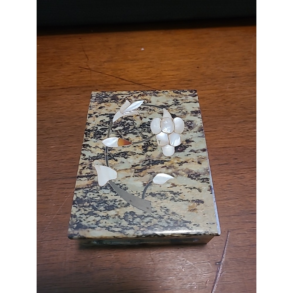 Vintage Marble Jewelry Box 4" By 3" Inlay Mother of Pearl &‎ Precious Stones